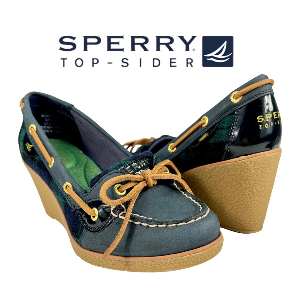 Sperry Top-Sider | Goldfish Navy & Green Plaid Wedge Heels Boat Shoes Women’s 6M